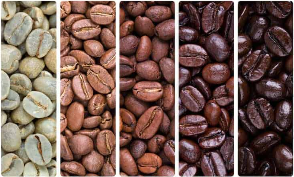 Green coffee beans, light roasted coffee beans, medium roasted coffee beans, dark roasted coffee beans and full dark coffee beans